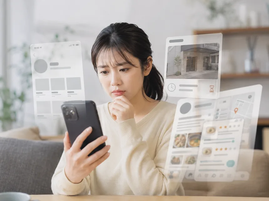 来店前にスマートフォンでお店を調べているイメージ