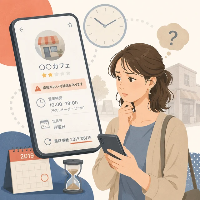 古い店舗情報を見て不安になる人のイラスト