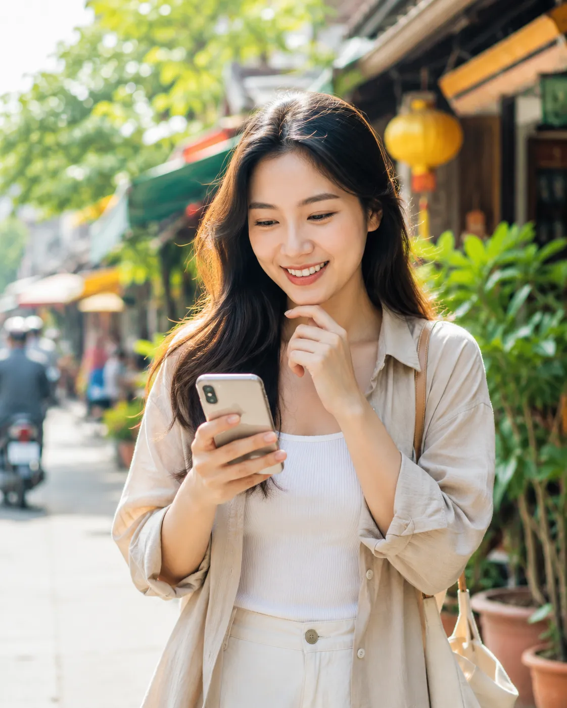 スマホを手に微笑む女性